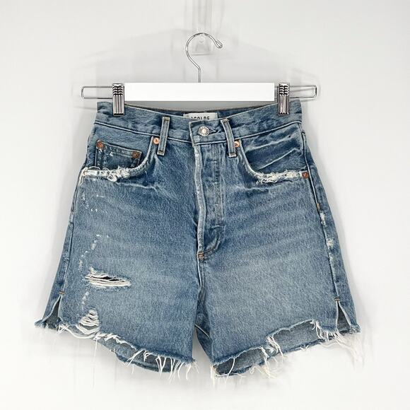 AGOLDE Dee Distressed Denim Shorts Raw Hem Blue High Rise Women’s Size 24 - Picture 2 of 5